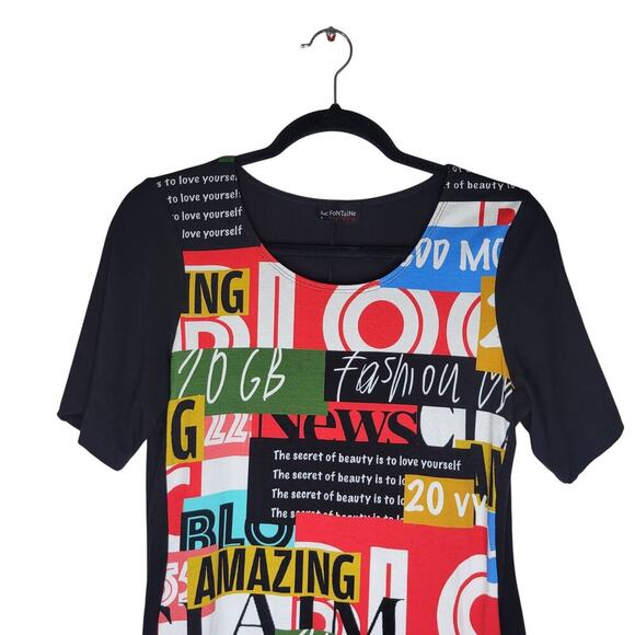 Luc Fontaine Mini Dress Size 8 Black Graphic Print Stretch Art To Wear Tunic - Picture 3 of 7